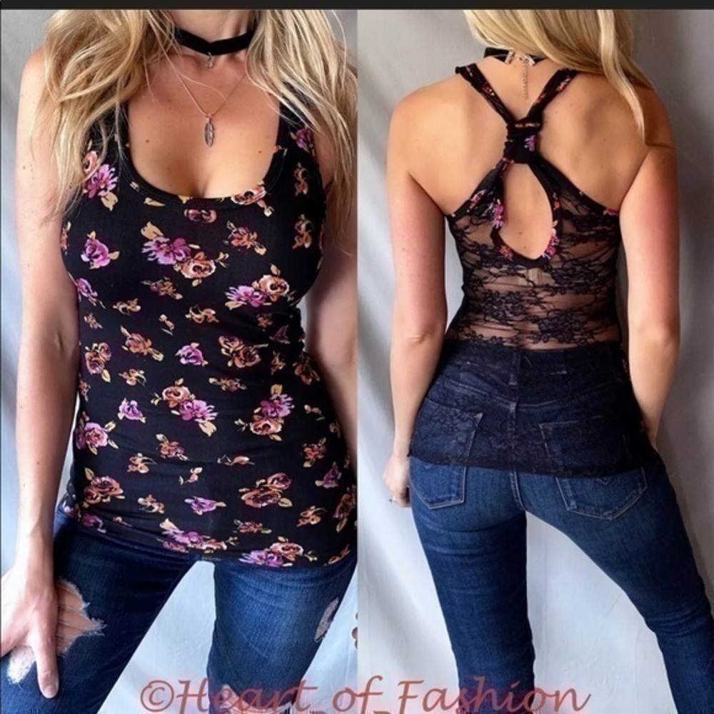 Floral Print Sheer Lace Back Racerback Tank Top
